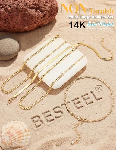 Image of Besteel Ankle Bracelets for Women Waterproof - 14K Gold Plated Non Tarnish Layered Cuban Link Chain Rope Figaro Herringbone Anklets Set Plus Size Anklet Summer Foot Jewelry Gift Adjustable 8-12 Inch
