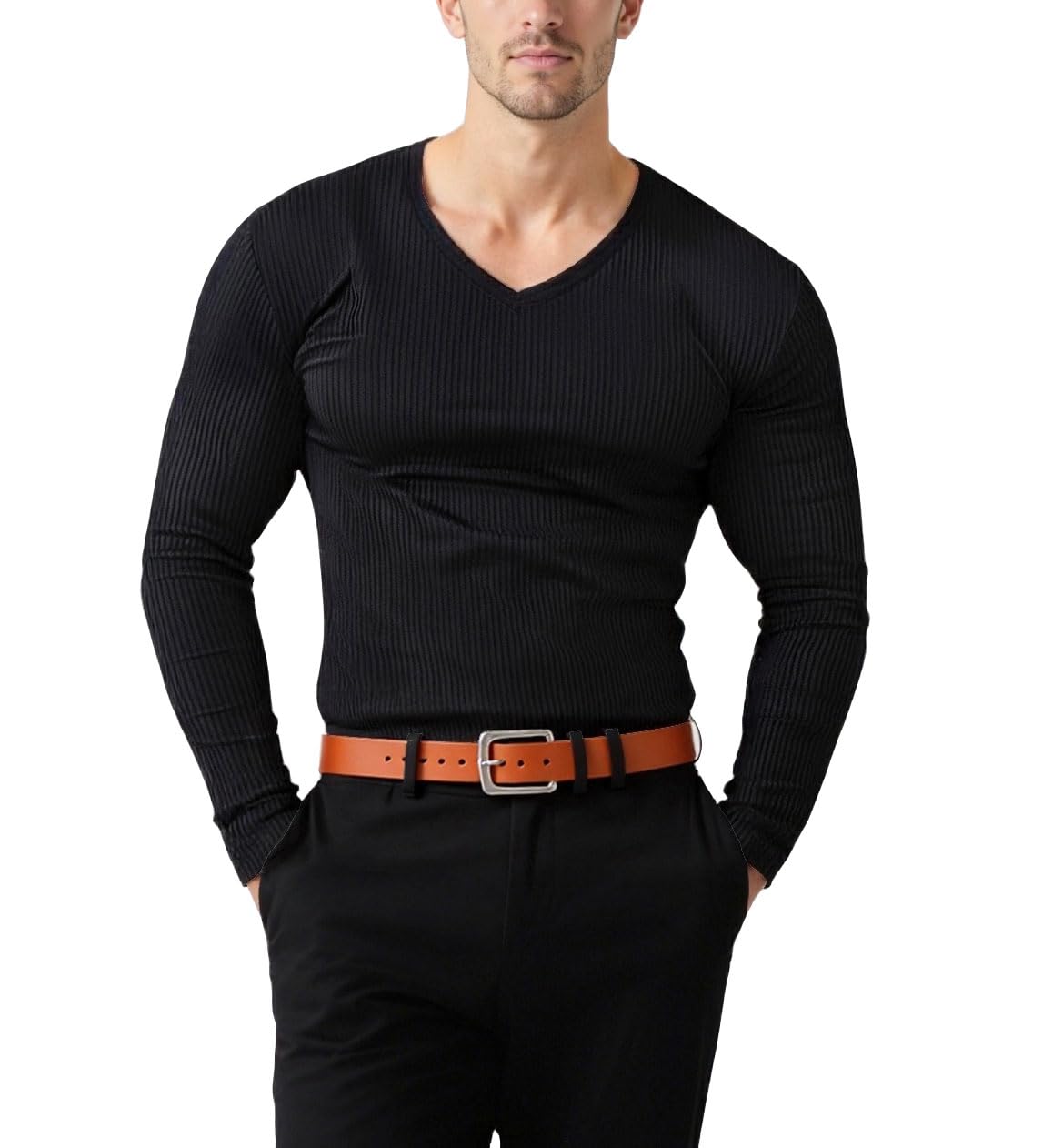 T-Shirt Homme Thermique Manches Longues, Col V Ajusté Slim Fit, Haut Chaud Hiver, Vêtement d'Intérieur Maison à Couleurs Unies