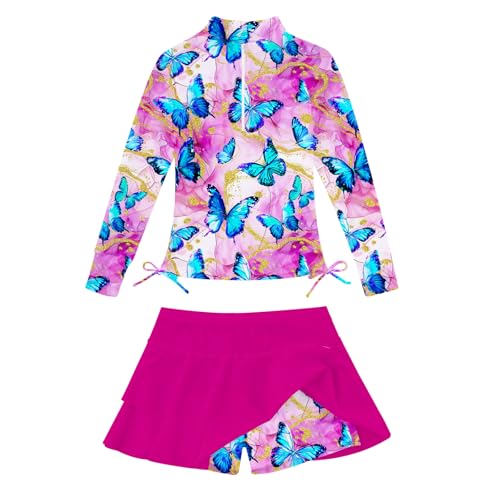 Vogseek Girls Rash Guard Two Pieces Swimsuit Size 9-10 Butterflies Bathing Suits for Cute Girl Pink High Waisted Swimming Skirt with Shorts UV Protective Surfing Pool for 9 Year Old Kids