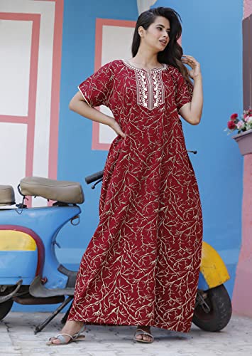 Image of DIAMO Pure Cotton Embroidery Nighty for Women, Cotton Night Gown, Night Maxi Gown, Cotton Nighty with a Pocket and Adjustable Knot