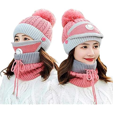 3pcs/Set Fashion Women Winter Knitted Hat Thickened Woolen Cap with Warm Mask and Neck Scarf ((Pink2) Cover