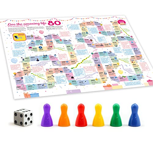 Snakes and Ladders Game for 80th Birthday - 80 Birthday Gift for Women or Men - Funny Board Dice Game Activity for 80 Years Old Anniversary - 80th Birthday Decorations Party [2-6 Players]