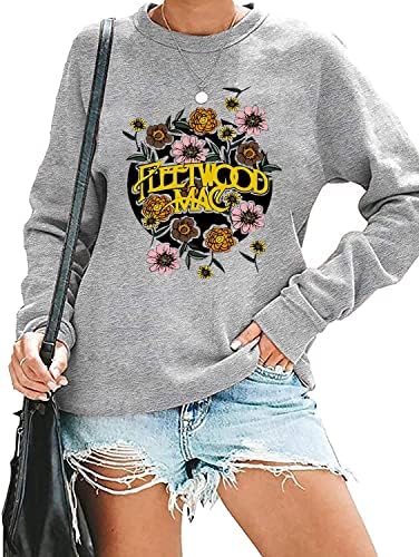 Rock Band Sweatshirt for Women Vintage Graphic Rock Music Shirt Casual Long Sleeve Crewneck Pullover Tops (S, Gray)