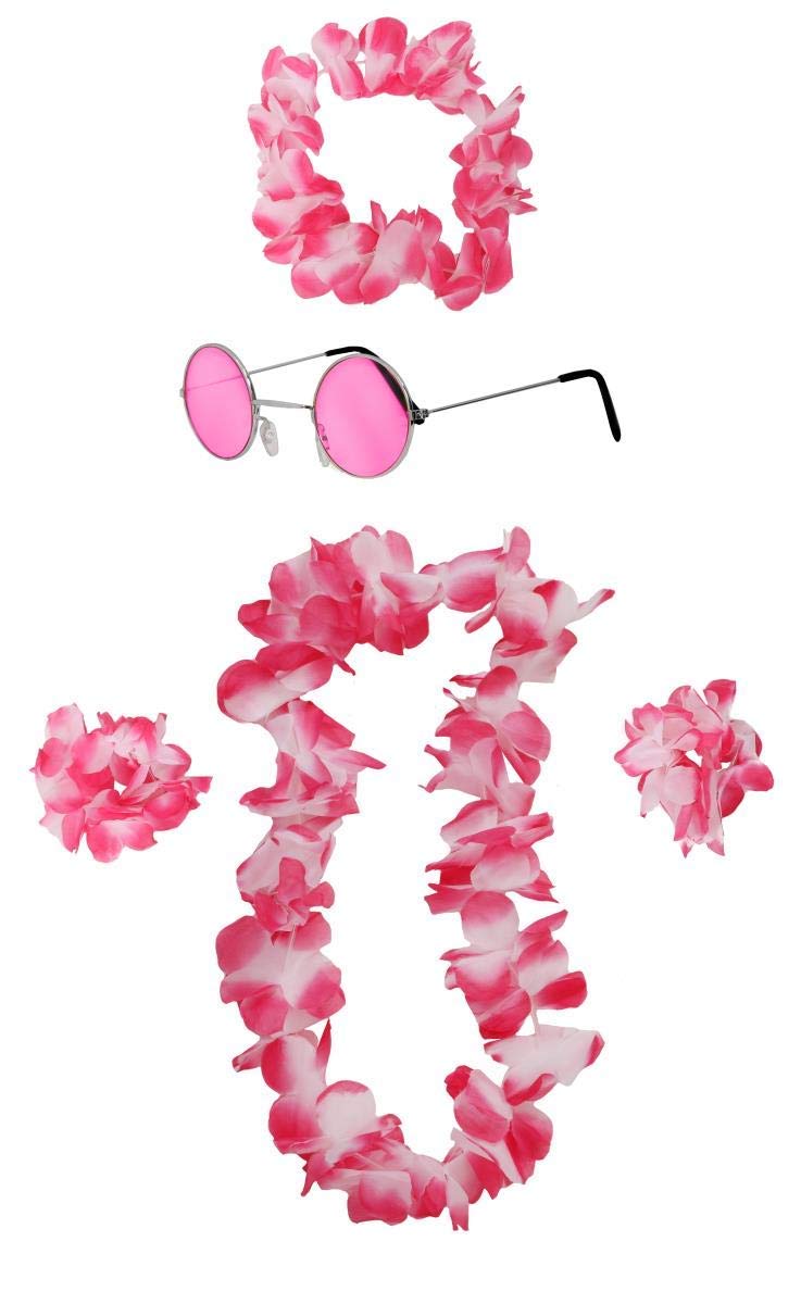 ILOVEFANCYDRESS 5 PIECE HAWAIIAN LEI WITH MATCHING SUNGLASSES COLOUR SET - PINK HAWAIIAN LEI, HEADBAND, BRACELETS AND PINK LENS ROUND SUNGLASSES — image 1
