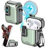 Picture of RFUNGUANGO for Airpods 2nd and 1st Generation Cases, Compatible with MagSafe, Drop Protection Case with Stand Function with Cleaning Tool, Full Body Shockproof Hard Case -A-Black+Apple Green