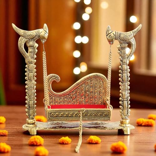 Image of KridayKraft Metal Swing Laddu Gopal Jhula,Krishna Hindola Palana,Decorative Laddu Gopal for Temple Pooja,Showpiece Figurines,Religious Idol Gift Article