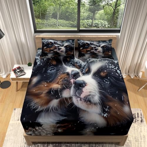 Sabana Bajera 180x200 Copo De Nieve Sabanas Bajeras Estampadas MontañA De Berna Sábana Bajera Ajustable Suaves, Elastico Funda Colchon con 2 Funda Almohada 50x80 cm, para Colchón de 30cm de Altura