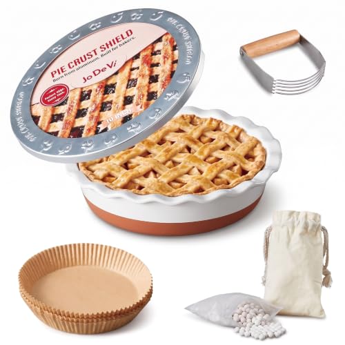 JODEVI 9 Inch Pie Pan with Crust Shield, Weights, Paper & Pastry Blender - image 1