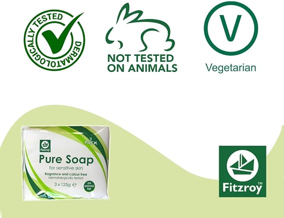 Fitzroy Pure Soap 6 x 125g | For Sensitive Skin | Fragrance Free & Colour Free | Hand, Face & Body Wash | Mens & Womens Cleansing Bath Bar | Vegetarian Friendly | Dermatologically Tested