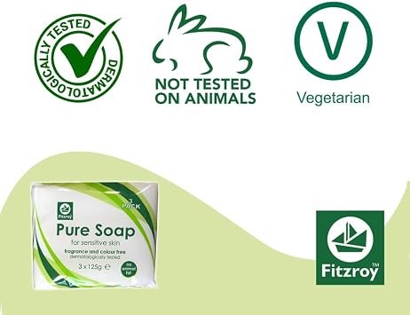 Fitzroy Pure Soap 6 x 125g | For Sensitive Skin | Fragrance Free & Colour Free | Hand, Face & Body Wash | Mens & Womens Cleansing Bath Bar | Vegetarian Friendly | Dermatologically Tested