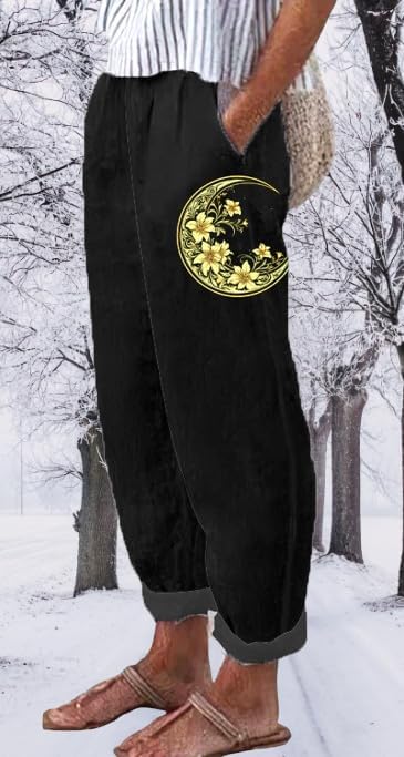 Womens Fashion 2024 Summer Casual Star Printed Palazzo Pants Loose Elastic Waist Cotton Trouser Flowy Leg Pants - Image 2