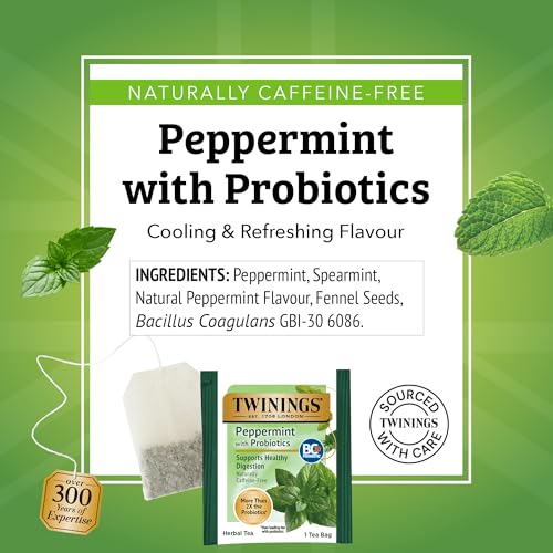 Image of Twinings Superblends Probiotics+ Peppermint & Fennel Herbal Tea, 250 Million CFUs per Cup, 18 Tea Bags (Pack of 2), Naturally Caffeine-Free, Enjoy Hot or Iced