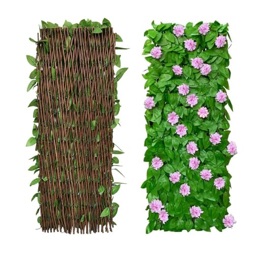 2 paneles de valla de hojas artificiales, valla expandible para balcón, patio, exteriores, panel decorativo de hiedra sintética, setos artificiales de 30 x 200 cm, ampliado (flores rosas)