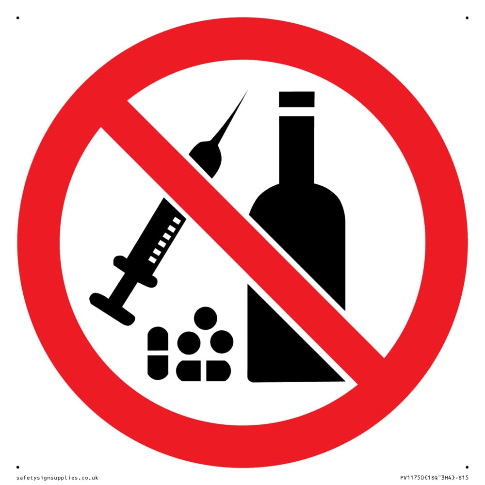 P908 Prohibition: No alcohol or drugs Sign - 150x150mm - S15, Red/White