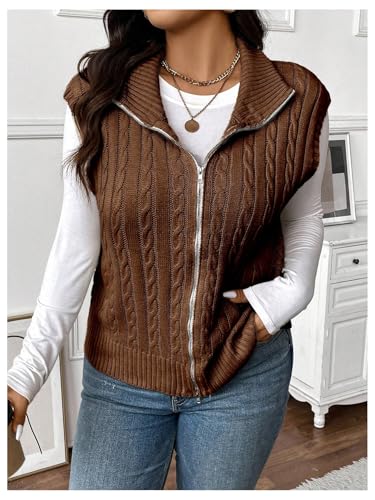 Image of Floerns Women's Plus Size Mock Neck Zip Up Sweater Vests Sleeveless Cable Knit Cardigans
