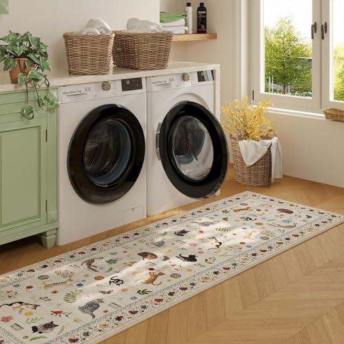 Runners for Kitchen Runner Rug Non Slip 2'x10' Long Washable Rugs with Rubber Backing Soft Floral Animal Cat Carpet Runner for Kitchen Laundry Bedroom Bathroom, Beige