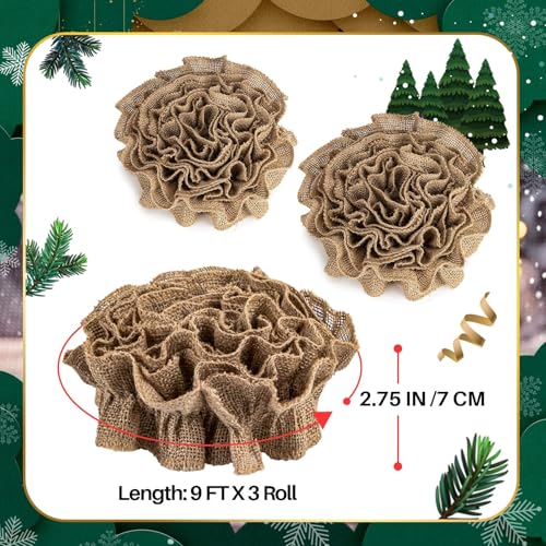 Burlap Ribbon - RAINFLOW 3 Pack Christmas Tree Skirt Decorations for Home Crafts Burlap Roll Jute Burlap Fabric Garland Vintage Home Decor Ruffle Tree Skirt 9 ft 2.7 Inch Wide