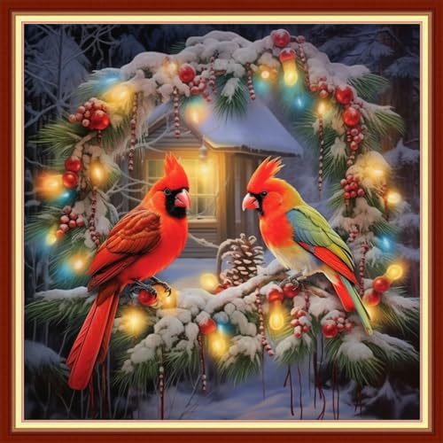 Image of Disxvivy Cross Stitch Stamped Full Embroidery Kits DIY 11CT Cotton Thread Printed DIY Needlepoint Kits Craft Needlework Set Cross-Stitch Stamped Sets-Flower Wreath Bird 18x18 inch