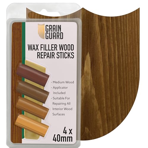 GRAIN GUARD Wax Filler Wood Repair Sticks | Medium Wood | Furniture Repair Kit | Multi-Surface: Wood, Plastic, Hard Surfaces | Blend to Colour Match | 4x40mm