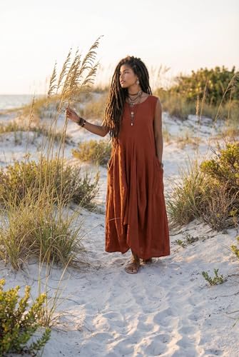Image of Thaluta Women's Boho Cotton Sleeveless Dress Casual Loose Fit Maxi Dress with Big Pockets Fair Trade Light Summer Sundress