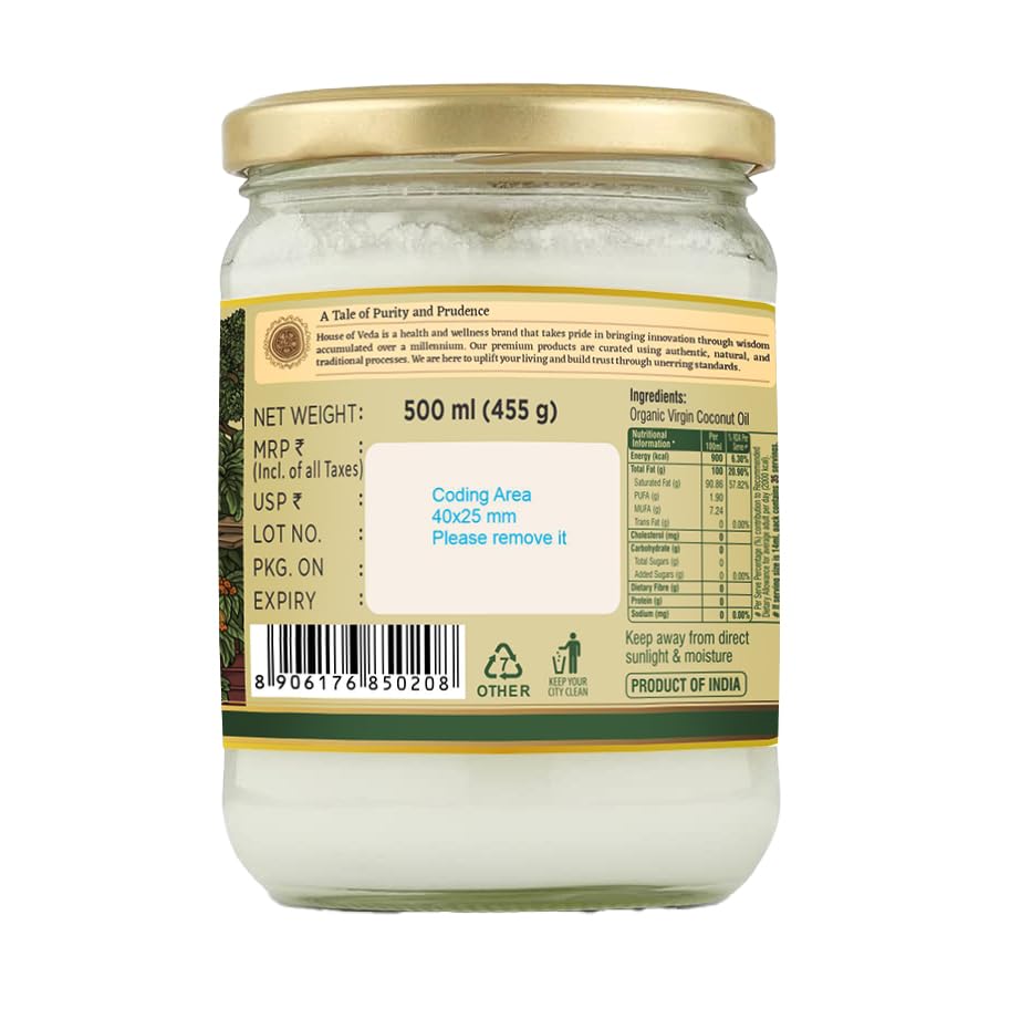 House of Veda Extra Virgin Organic Coconut Oil - 500ml | Raw, Edible Cold-Pressed, Unrefined | Certified Organic & Vegan | For Cooking, Hair & Skin | Chemical-Free, Non-GMO - Image 5 thumbnail