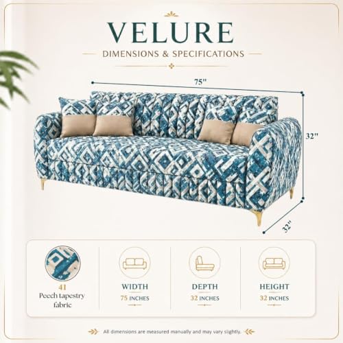 Image of CASASTYLE Signature Velour 3 Seater Sofa Set | Tapestry Fabric | 40D Foam + Zigzag Spring | 3-Yr Warranty (Lagoon Mosaic Blue) | Modern Living Luxury Sofa Set for Home, Office & Hotel Spaces