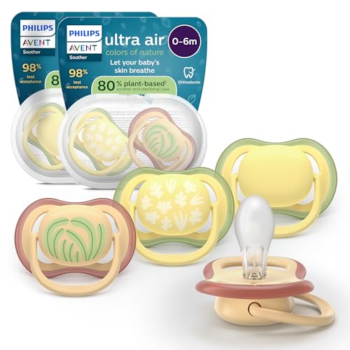 Philips Avent chupetes ultra air: diseño anatómico, para bebés de 0 a 6 meses, tetina simétrica de silicona suave, sin BPA, 2 estuches esterilizadores, paquete de 4, SCF087/21