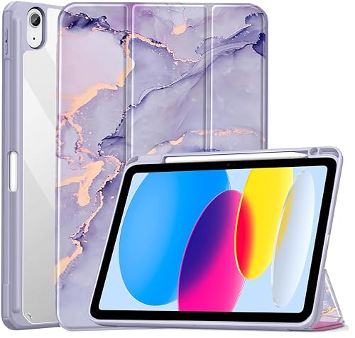 Image of ProElite Case Cover for Apple iPad (A16) 11th /10th Generation (2025 /2022), Transparent case Cover with Pencil Holder for iPad 11th /10th Gen 2025 /2022, Marble Purple