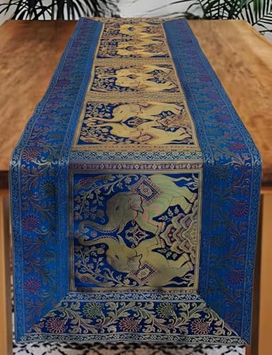 Image of Decorative Handmade Silk Table Runner Golen Brocade Dinning Table & Centre Table Top Decor Rectangular Runners Bed Runners Table Cloth for Wedding (152 X 40 CM ) (Royal Blue)