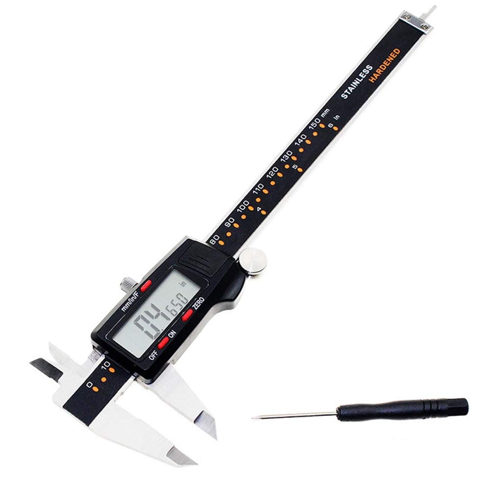 Calibrador digital de precisión de 150 mm/0,01" de acero inoxidable con vernier digital y varilla de profundidad (negro, 150 mm)