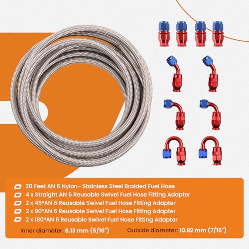 Image of maXpeedingrods 6AN Fuel Line Kit E85, Stainless Steel PTFE Fuel Hoses + 10 PCS 6AN Hose End Adaptor Kit 20FT -Red