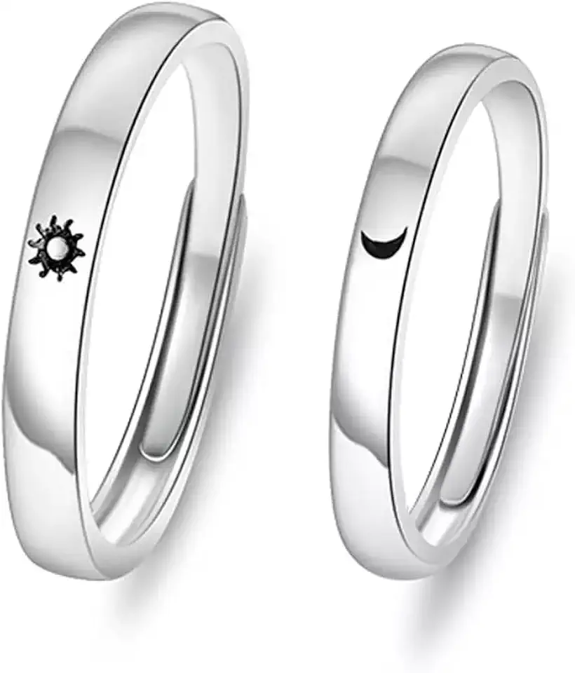 Alianças Casal Sol e Lua, Anéis Ajustáveis em Prata, Conjunto de 2 Peças
