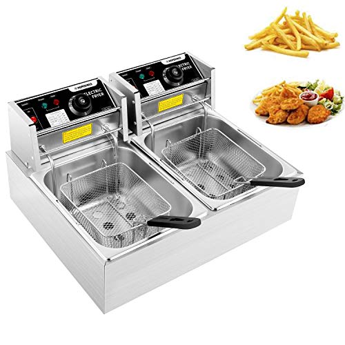 Heavy Duty Deep Fryer, 12.7QT/12L Stainless Steel Large Double Cylinder Electric Fryers with Removable Basket and Professional Heating Element, 110V/5000W Max US Plug (12L)