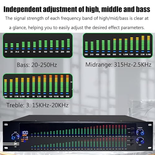Ecualizador gráfico estéreo de 2 canales profesional, 31 bandas con luz LCD, 10 efectos preestablecidos y reducción inteligente de ruido, calidad de sonido de alta definición para estudios de transmisión miniatura 3