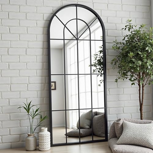 Image of Dewfig Arched Windowpane Floor Mirror, 71 inchx 32 inch Full Length Mirror, Black