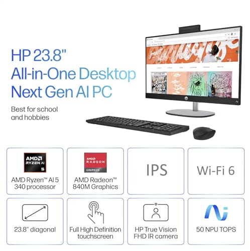 Image of HP 24 Copilot+ AIO (All-in-One) PC 23.8 inch Touch IPS FHD with Adjustable Tilt | AMD Ryzen AI 5 340, (Beats i7-1250U) 50 Tops AI, 32GB DDR5, 512GB PCIe SSD, WiFi 6, IR Webcam, Wireless KB /Mouse, Win 11 Home