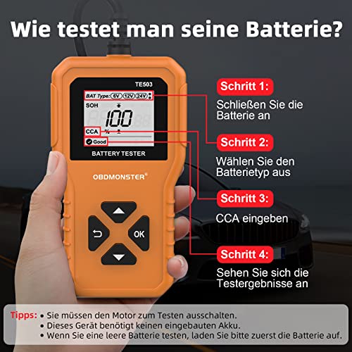 Autobatterie Tester 6V 12V 24V Autobatterietester 100-2000 CCA Spannungstester 2Ah-220Ah Digitaler Analysator,OBDMONSTER Innenwiderstandstester Kfz-Lichtmaschine für Autos/LKW/Motorräder/Boote - Image 5