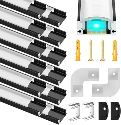 Confezione da 12 canali LED neri per strisce LED da 12 mm, profilo a U, profilo in alluminio, strisce in alluminio con copertura bianca lattea, diffusore con connettori angolari a 90 gradi
