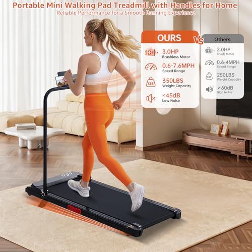 Image of Walking Pad Treadmill with Handle Bar, 3.0HP Portable Electric Treadmills for Exercising, 0.6-7.6MPH Mini Walking Pad Treadmill with Incline, Under Desk Treadmills for Home Small, 350LBS