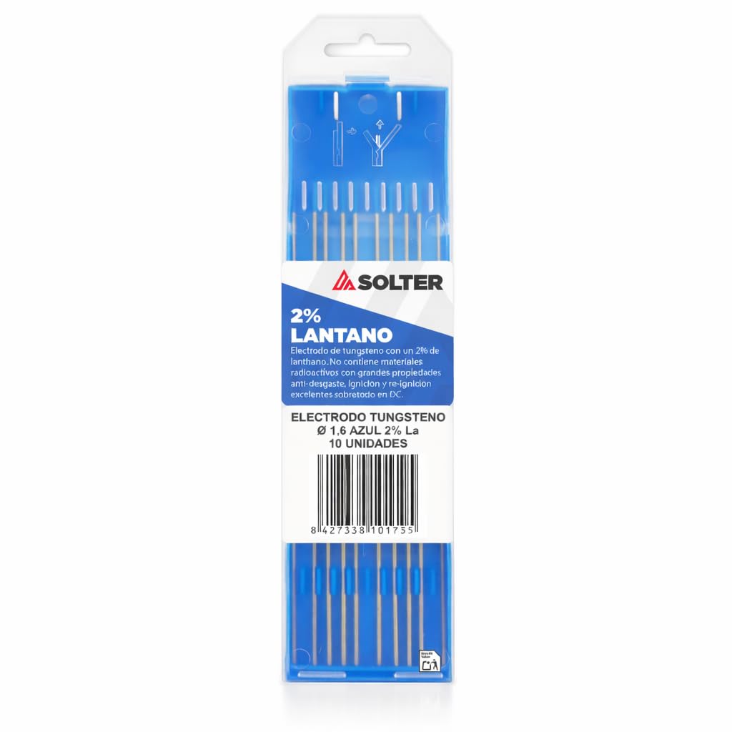 Solter Electrodos de Tungsteno Azul 2% Lantano (WL20) - Caja 10 Unidades - Soldadura TIG en Corriente Continua (DC) - Arco Estable para Acero, Inox, Titanio y Cobre (1,6 Ø)