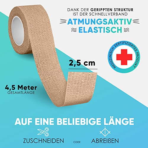 Health Press Fingerpflaster Selbsthaftend – 4x Pflaster Rolle (2,5cm x 4,5m) – Verband Selbstklebend – Elastisches Tape wasserfest – Staub-, Fett- & Schmutzabweisendes Pflasterband (Beige, 4 Rollen)