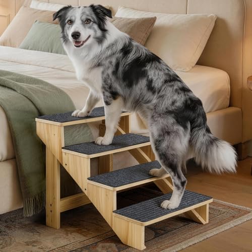 4-Step Dog Stairs for Large Dogs Solid Wooden Dog Steps for Beds/Couch with Carpet 24 Inches Anti-Slip Pet Stairs for High Beds Ramp for Older/Senior Dogs Pet Bed Stairs to Get on Bed/Sofa