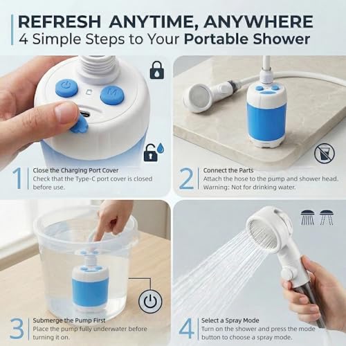 Ducha portátil para camping, bomba recargable con 3 modos de rociado, kit de ducha para exteriores con soporte de succión y bolsa de malla para viaje, baño de mascotas, lavado de autos y riego en el jardín miniatura 6