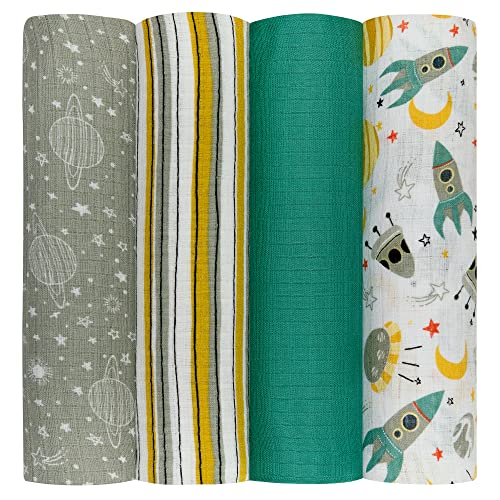 Image of DREAMS & DIMPLES Muslin Swaddle Blankets 4 Pack Premium 100% Cotton Baby Swaddle Blanket Soft & Breathable 47" X 47" Baby Receiving Blankets for Boys and Girls (Gimme Some Space)
