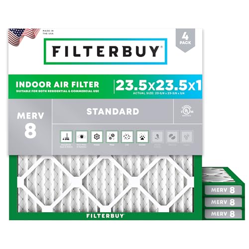 Filterbuy 23.5x23.5x1 Air Filter MERV 8 Essential Dust & Allergy Defense (4-Pack) Electrostatic Pleated HVAC AC Furnace Filters Replacement Made in USA (Actual Size: 23.38 x 23.38 x 0.75)