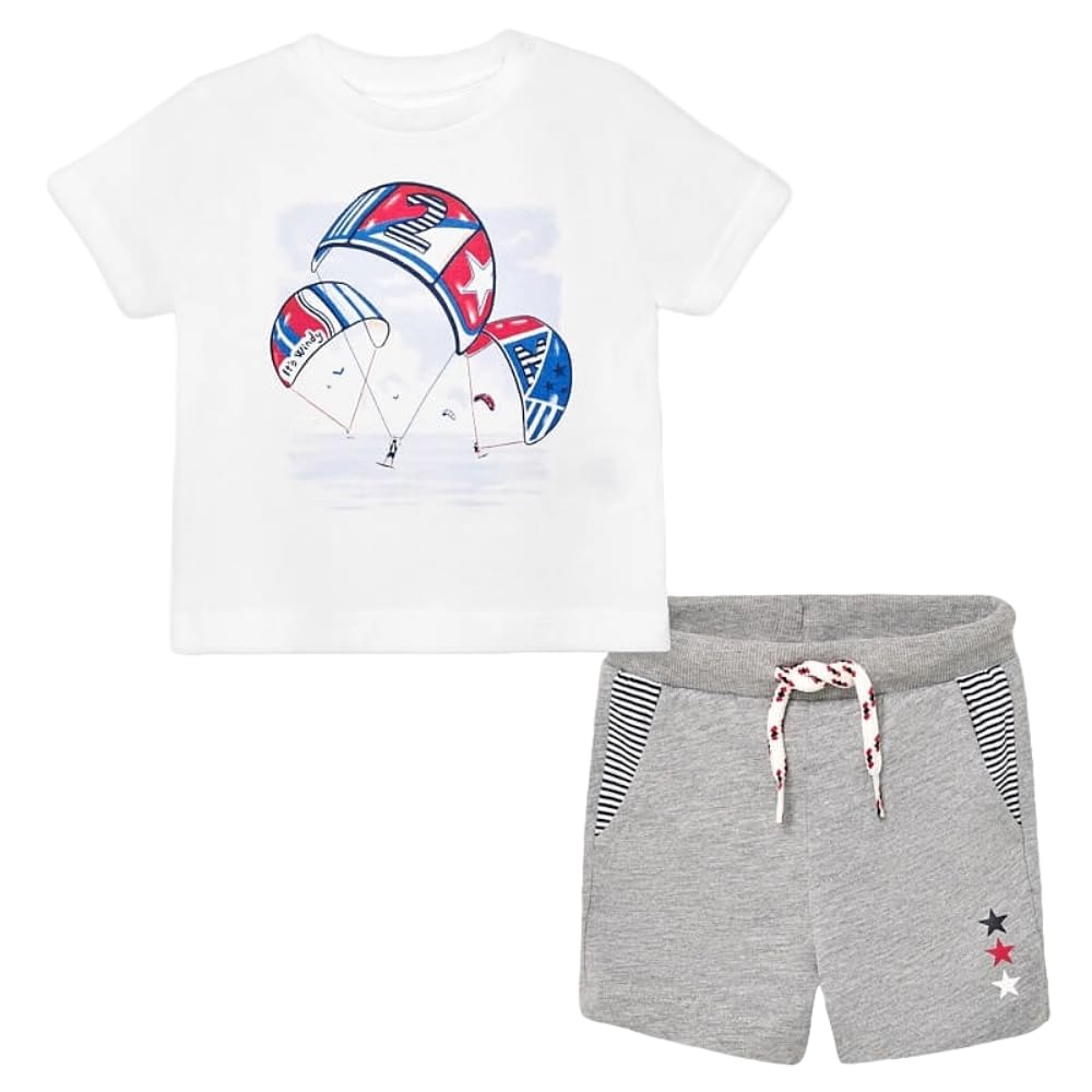 Set für Kinder, weißes T-Shirt mit Drachen-Grafik und grauen Shorts mit Streifen- und Sternendetails, Set aus T-Shirt und kurzen Hosen für den Sommer 1690