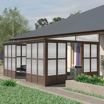 Domi 12x16FT Wall Mounted Sunroom, Wall Solarium with Aluminum PC Sloping Roof, Detachable PC Screen House, Lockable Sliding Front and Side Doors, Outdoor Lean-to Gazebo, Sun Room for Deck Patio