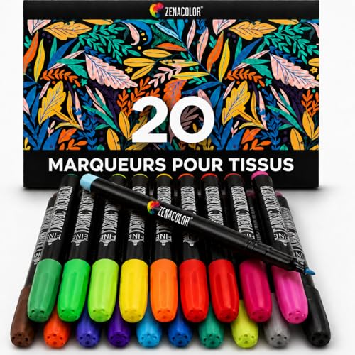 20 Marqueurs Textile et Tissu - Feutre Textile Non-Toxique, Indélébile et Permanent à Pointe Fine - Idéal pour T Shirt, Sac Tissu, Tote Bag Vierge et...