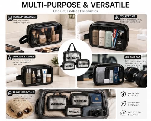 Image of MELVIS Waterproof Travel Toiletry Bag for Women | 3-Piece Pink Faux Leather Makeup & Toiletry Organizer Set with Clear Window | Cosmetic Wash Bag Pouch for Travel Accessories & Brushes (Black)