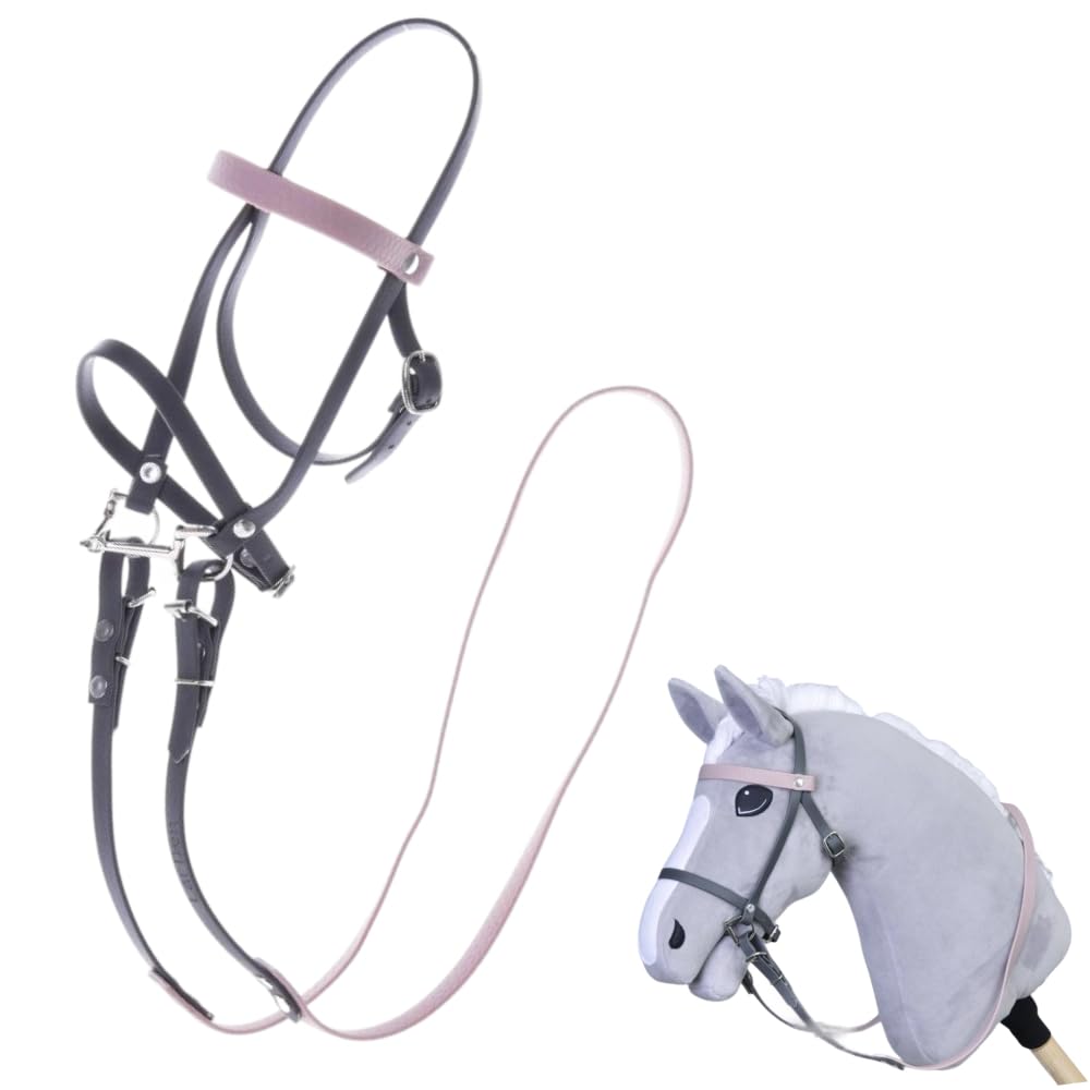 LarDen Hobby Horse Trense mit Zügeln Kunstlederzaumzeug Grau Pink Stirnriemen Zubehör